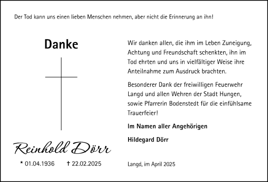 Traueranzeige von Reinhold Dörr von Licher Wochenblatt
