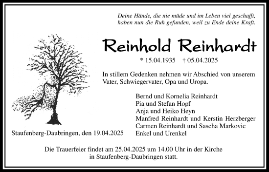 Traueranzeige von Reinhold Reinhardt von Giessener Anzeiger, Giessener Allgemeine, Alsfelder Allgemeine