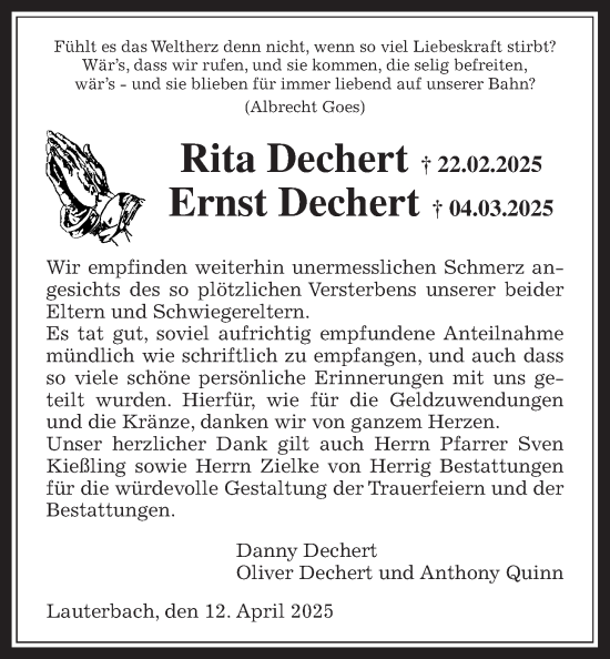 Traueranzeige von Rita Dechert von Lauterbacher Anzeiger