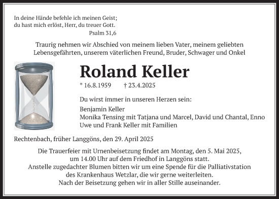 Traueranzeige von Roland Keller von Giessener Allgemeine, Alsfelder Allgemeine, Giessener Anzeiger