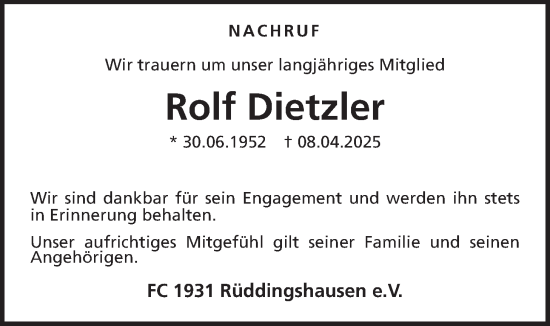 Traueranzeige von Rolf Dietzler von Rabenauer Zeitung