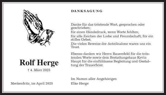Traueranzeige von Rolf Herge von Kreis-Anzeiger