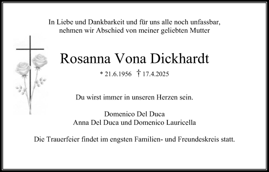 Traueranzeige von Rosanna Vona Dickhardt von Bad Vilbel/Karben