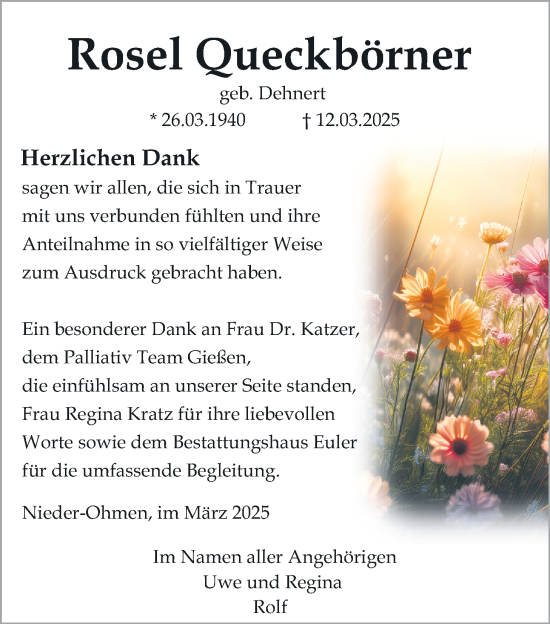 Traueranzeige von Rosel Queckbörner von Oberhessische Zeitung, Alsfelder Allgemeine