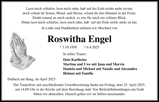 Traueranzeige von Roswitha Engel von Kreis-Anzeiger