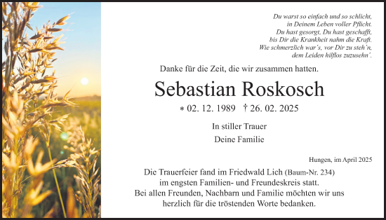 Traueranzeige von Sebastian Roskosch von Licher Wochenblatt