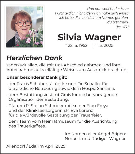 Traueranzeige von Silvia Wagner von Allendorfer Mitteilungen