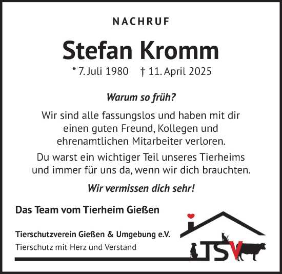 Traueranzeige von Stefan Kromm von Giessener Allgemeine, Alsfelder Allgemeine