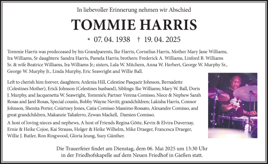 Traueranzeige von Tommie Harris von Giessener Allgemeine, Alsfelder Allgemeine, Giessener Anzeiger