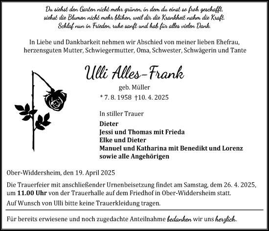 Traueranzeige von Ulli Alles-Frank von Kreis-Anzeiger