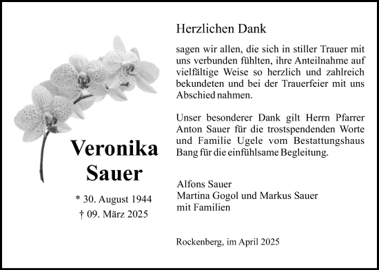 Traueranzeige von Veronika Sauer von Butzbacher Zeitung