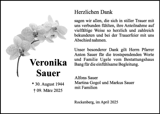 Traueranzeige von Veronika Sauer von Wetterauer Zeitung