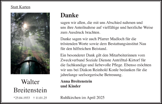 Traueranzeige von Walter Breitenstein von Oberhessische Zeitung