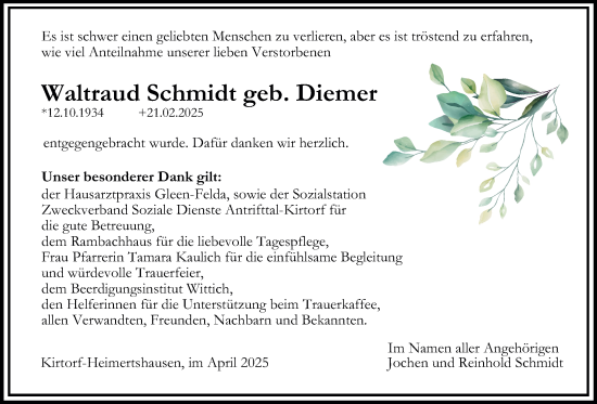 Traueranzeige von Waltraud Schmidt von Oberhessische Zeitung