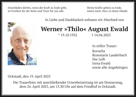 Traueranzeige von Werner Ewald von Wetterauer Zeitung