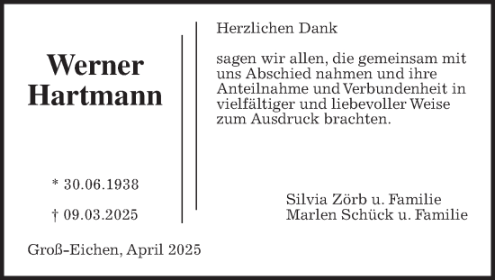Traueranzeige von Werner Hartmann von Giessener Allgemeine, Alsfelder Allgemeine