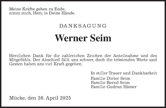 Traueranzeige von Werner Seim von Giessener Allgemeine, Alsfelder Allgemeine