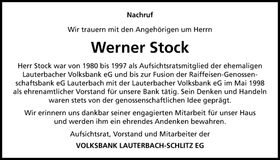 Traueranzeige von Werner Stock von Lauterbacher Anzeiger