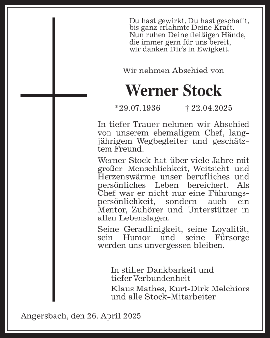 Traueranzeige von Werner Stock von Lauterbacher Anzeiger