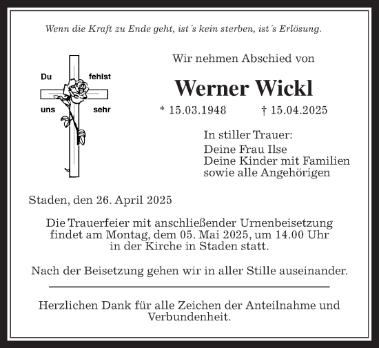 Traueranzeige von Werner Wickl von Wetterauer Zeitung