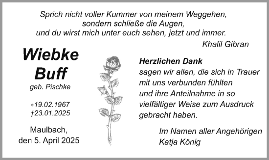 Traueranzeige von Wiebke Buff von Oberhessische Zeitung, Alsfelder Allgemeine