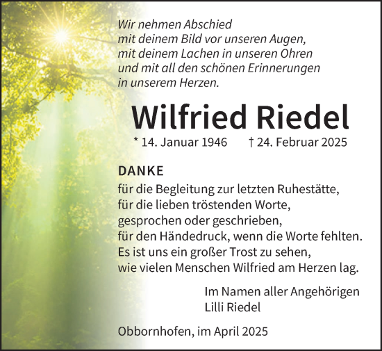 Traueranzeige von Wilfried Riedel von Licher Wochenblatt