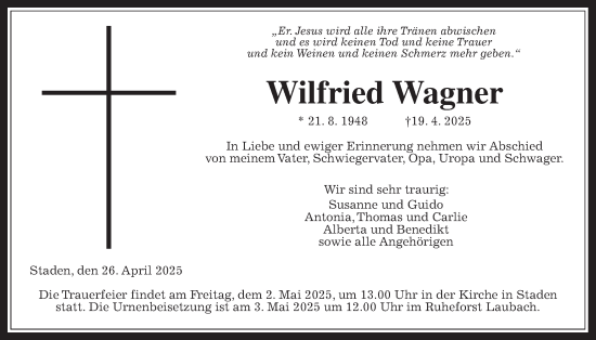 Traueranzeige von Wilfried Wagner von Wetterauer Zeitung
