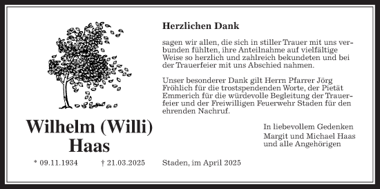 Traueranzeige von Wilhelm Haas von Wetterauer Zeitung