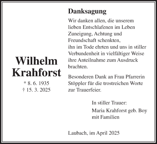 Traueranzeige von Wilhelm Krahforst von Laubacher Anzeiger