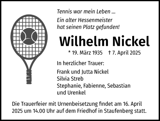 Traueranzeige von Wilhelm Nickel von Giessener Allgemeine, Alsfelder Allgemeine