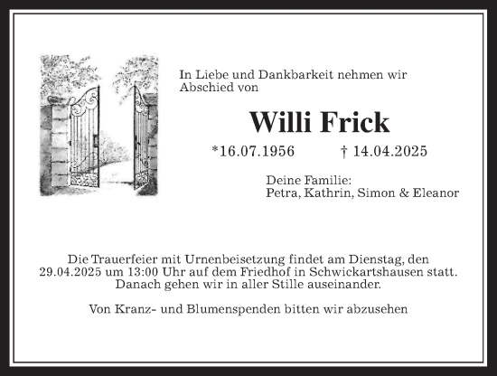 Traueranzeige von Willi Frick von Kreis-Anzeiger
