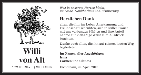 Traueranzeige von Willi von Alt von Lauterbacher Anzeiger