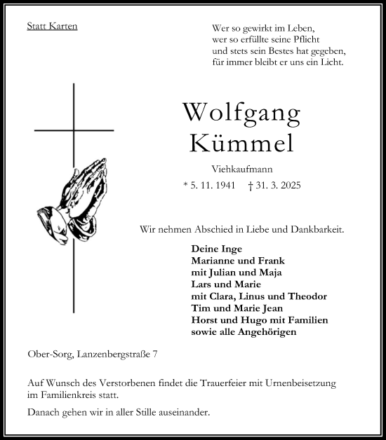 Traueranzeige von Wolfgang Kümmel von Oberhessische Zeitung