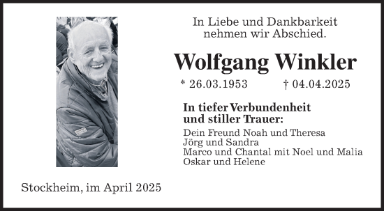 Traueranzeige von Wolfgang Winkler von Kreis-Anzeiger