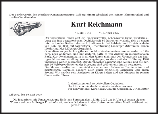 Traueranzeige von Kurt Reichmann 