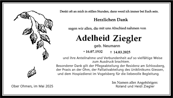 Traueranzeige von Adelheid Ziegler von Giessener Allgemeine, Alsfelder Allgemeine