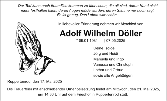Traueranzeige von Adolf Wilhelm Döller von Giessener Allgemeine, Alsfelder Allgemeine