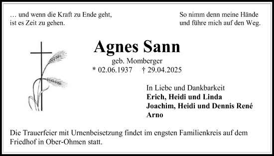 Traueranzeige von Agnes Sann von Giessener Allgemeine, Alsfelder Allgemeine, Giessener Allgemeine, Alsfelder Allgemeine