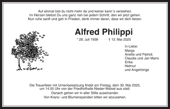 Traueranzeige von Alfred Philippi von Butzbacher Zeitung