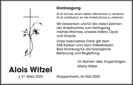 Traueranzeige von Alois Witzel von Bad Vilbel/Karben
