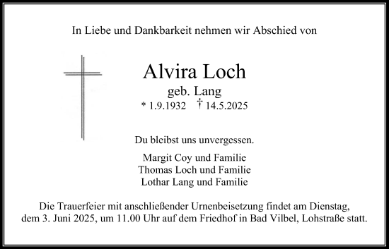 Traueranzeige von Alvira Loch von Bad Vilbel/Karben
