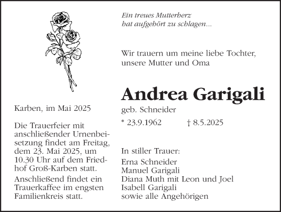 Traueranzeige von Andrea Garigali von Wetterauer Zeitung