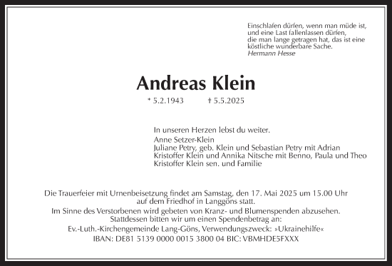 Traueranzeige von Andreas Klein von Giessener Allgemeine, Alsfelder Allgemeine, Giessener Anzeiger, Giessener Allgemeine, Alsfelder Allgemeine, Giessener Anzeiger