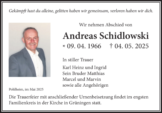Traueranzeige von Andreas Schidlowski von Pohlheimer Nachrichten