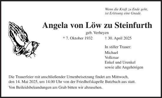 Traueranzeige von Angela von Löw zu Steinfurth von Butzbacher Zeitung