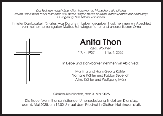 Traueranzeige von Anita Thon von Giessener Allgemeine, Alsfelder Allgemeine, Giessener Anzeiger