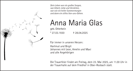 Traueranzeige von Anna Maria Glas von Wetterauer Zeitung, Wetterauer Zeitung