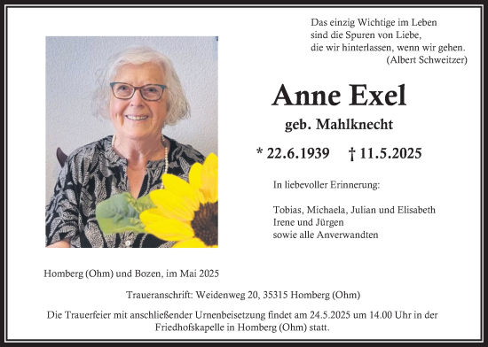Traueranzeige von Anne Exel von Oberhessische Zeitung, Alsfelder Allgemeine