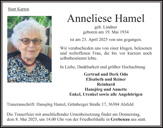 Traueranzeige von Anneliese Hamel von Oberhessische Zeitung