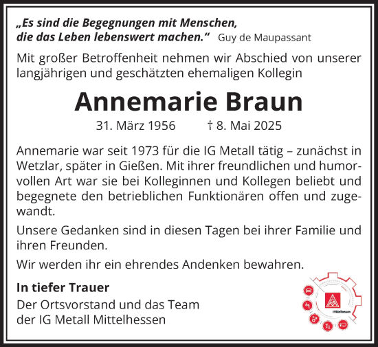 Traueranzeige von Annemarie Braun von Giessener Allgemeine, Alsfelder Allgemeine